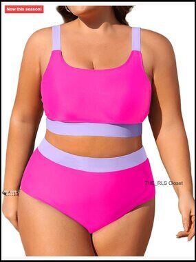 Plus Size High Waisted Bikini Set - Two Piece Sporty Full Coverage Swimwear
